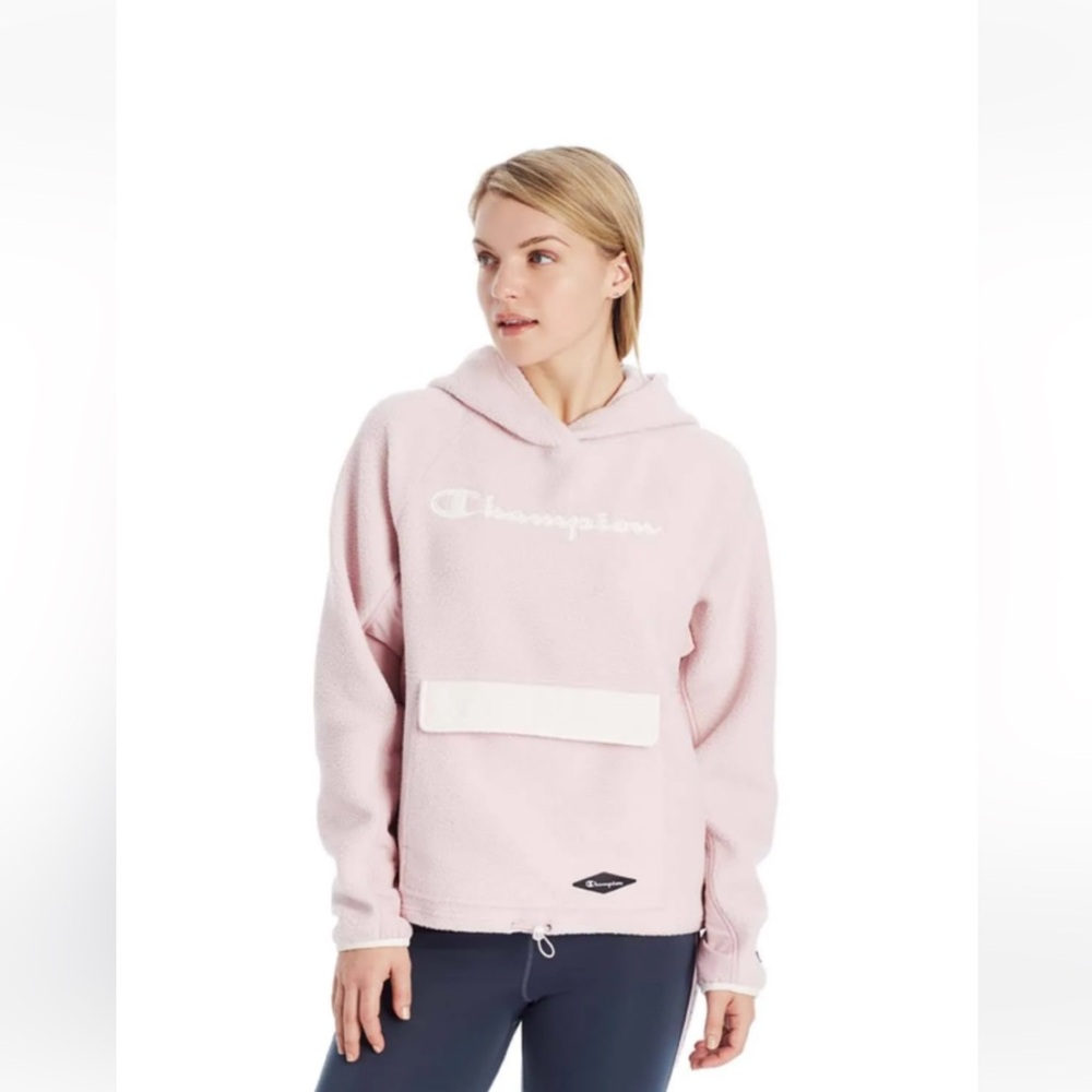 •CHAMPION•PINK & CREAM FUAX SHERPA LOGO HOODIE PULLOVER SIZE LARGE